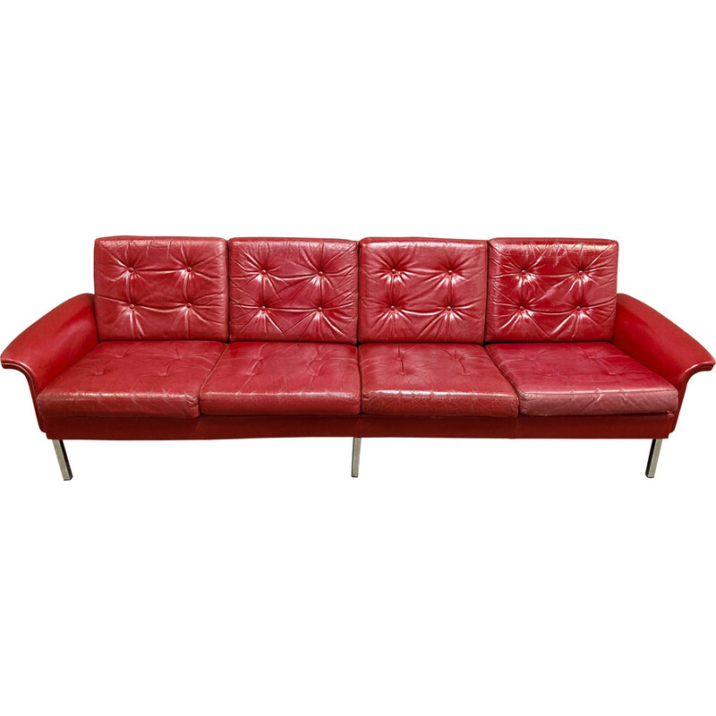 Vintage leather and metal 4-seater sofa, 1950s