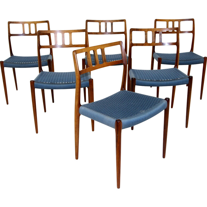 Set of 6 vintage chairs "Model 79" in rosewood and rope by Niels O Møller, Denmark 1960s