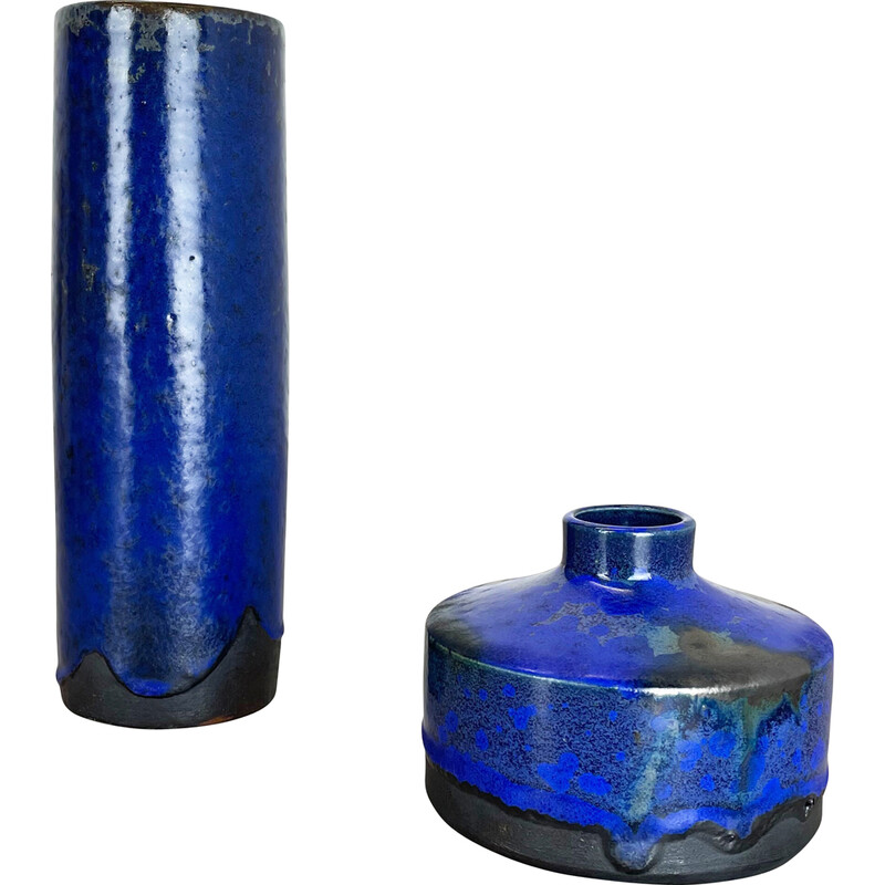 Coppia di vasi vintage in ceramica "Blue" di Gerhard Liebenthron, Germania, anni '70