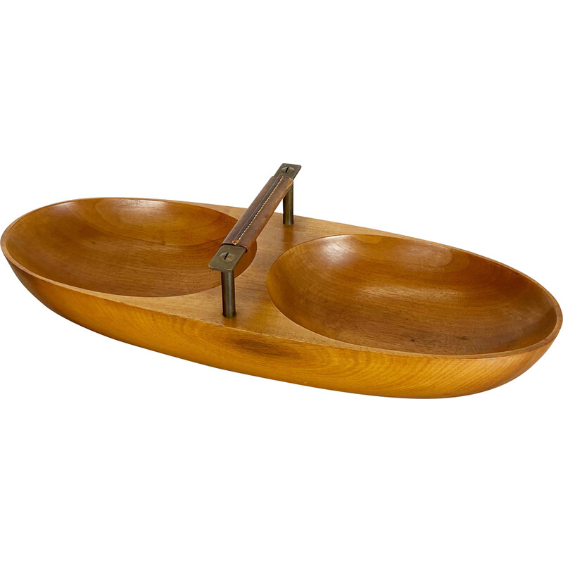 Vintage light teak bowl with brass and leather handle by Carl Auböck, Austria 1950