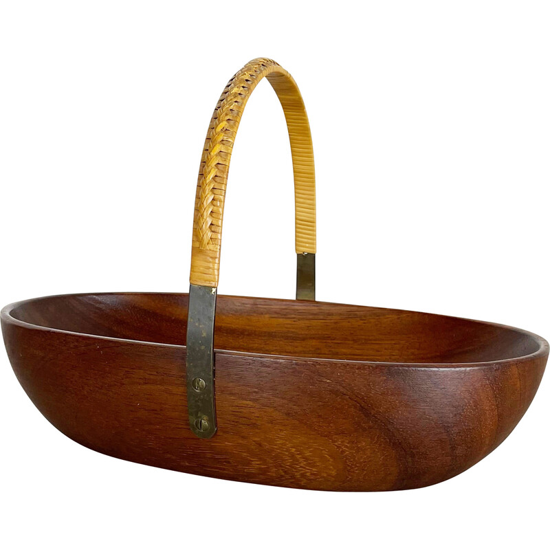 Vintage teak bowl with brass and rattan handle by Carl Auböck, Austria 1950