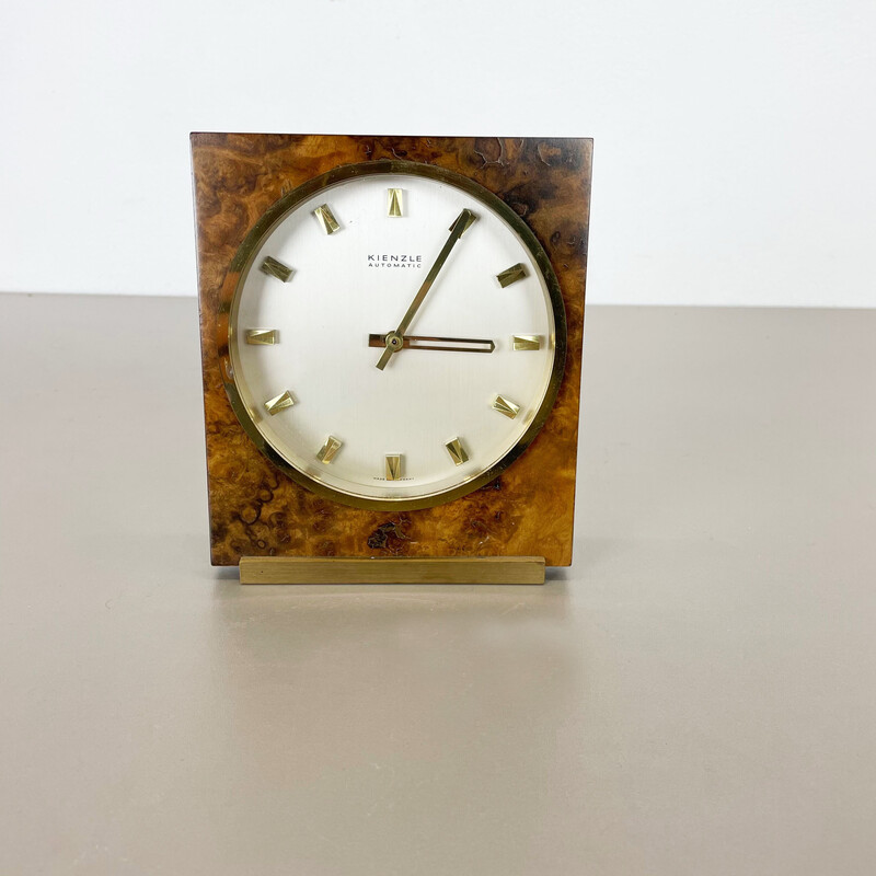 Horloge de table vintage en noyer et laiton pour Kienzle, Allemagne 1960