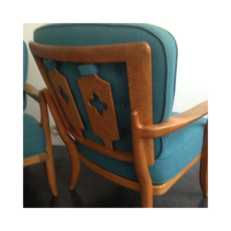 Pair of blue armchairs GUILLERME et CHAMBRON - 1960s