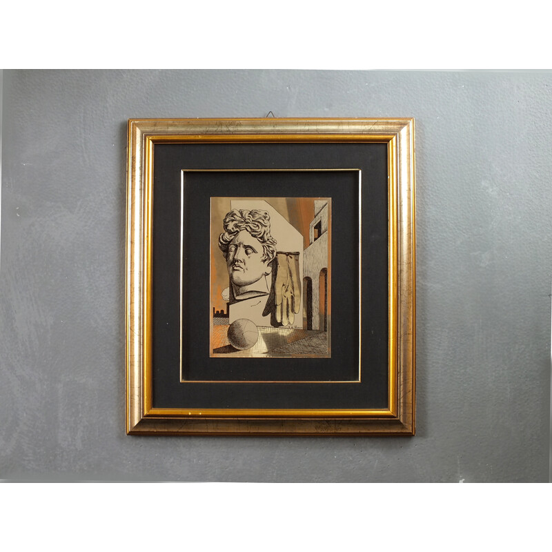 Vintage silkscreen "il canto d'amore" in metal and gilded wood by De Chirico Giorgio, 1980s