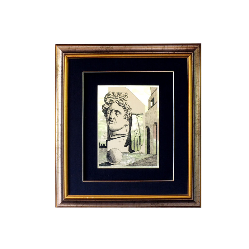 Quadro d'epoca "il canto d'amore" in metallo e legno dorato di De Chirico Giorgio, anni '80