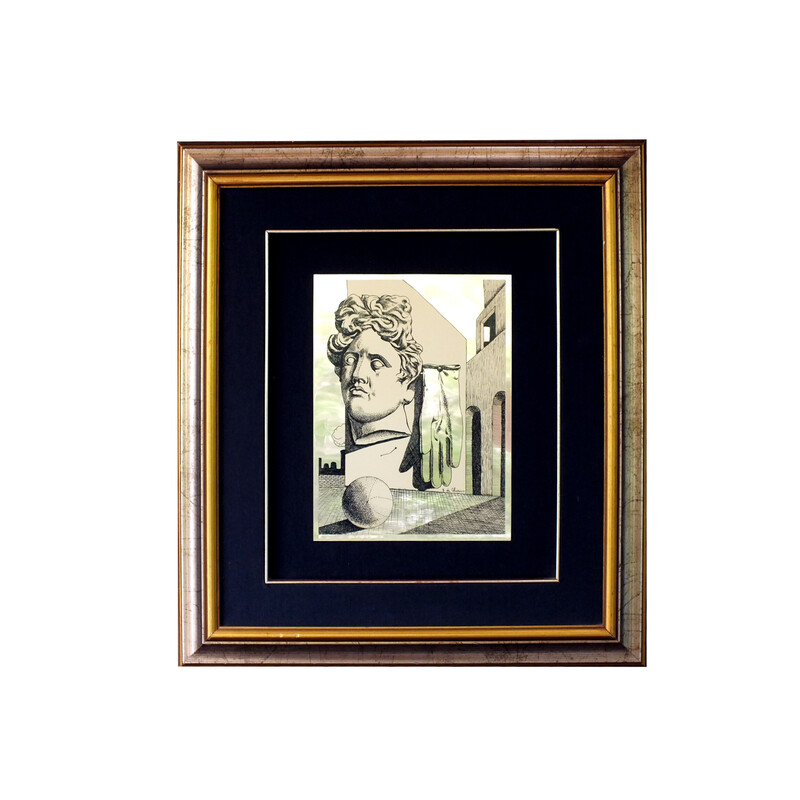 Vintage silkscreen "il canto d'amore" in metal and gilded wood by De Chirico Giorgio, 1980s