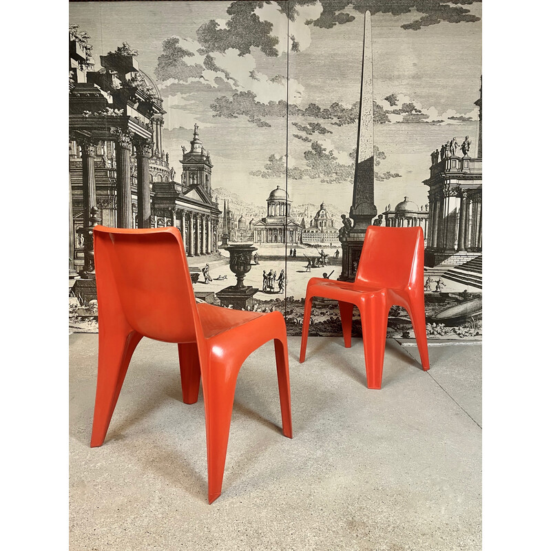 Pair of vintage stacking chairs "Ba 1171" in coral red fiberglass by Helmut Bätzner for Bofinger, Germany 1960s