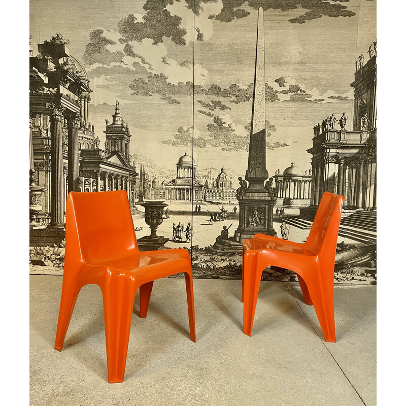 Pair of vintage stacking chairs "Ba 1171" in coral red fiberglass by Helmut Bätzner for Bofinger, Germany 1960s