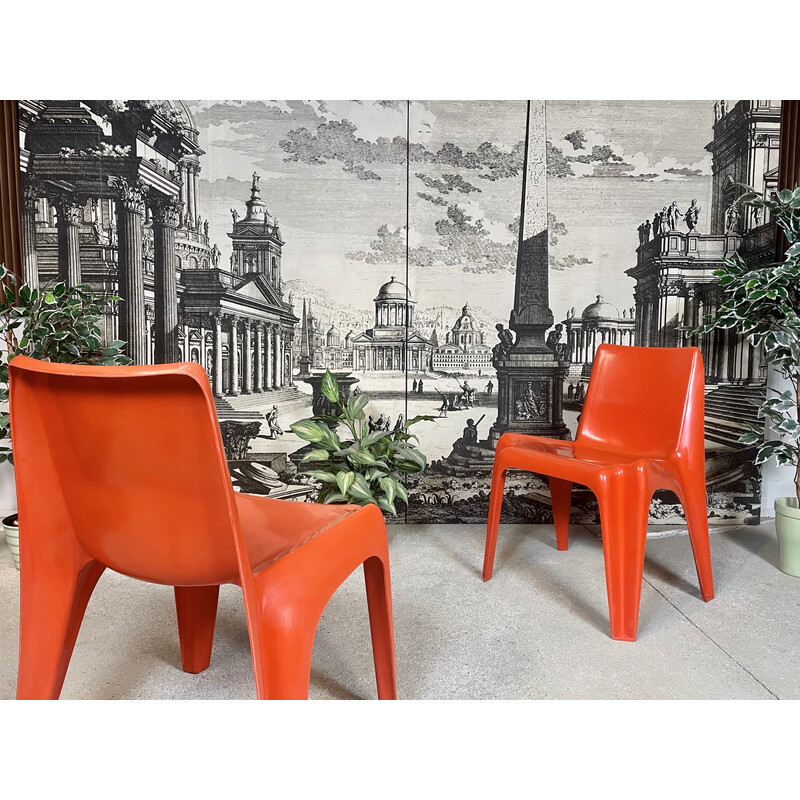 Pair of vintage stacking chairs "Ba 1171" in coral red fiberglass by Helmut Bätzner for Bofinger, Germany 1960s