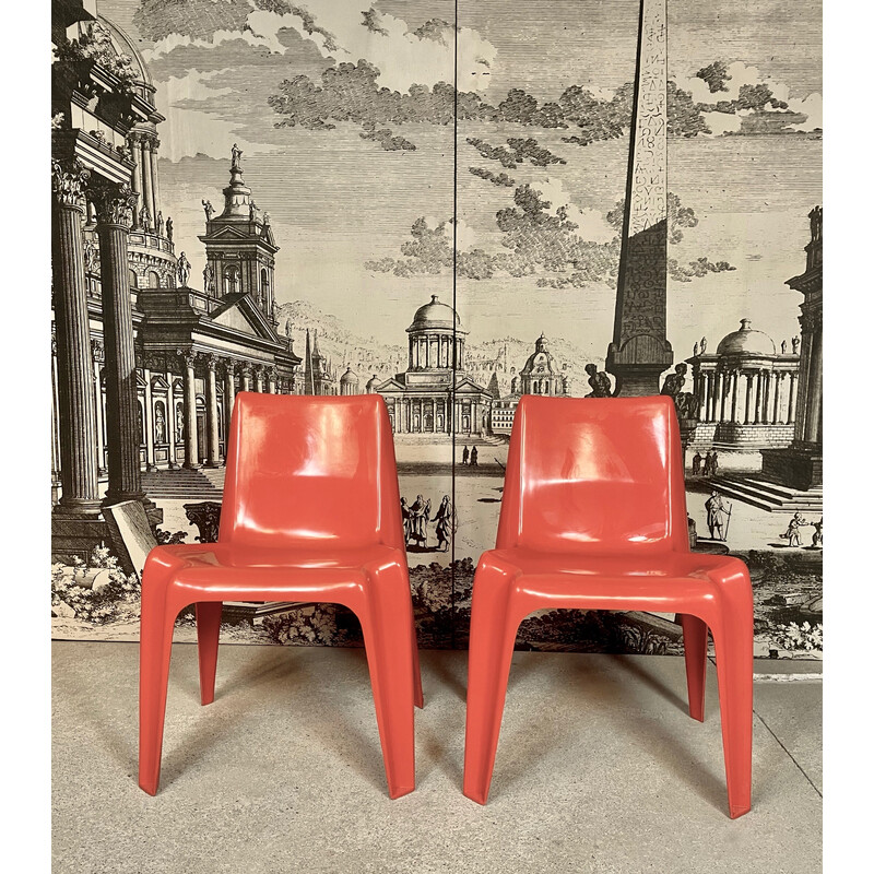 Pair of vintage stacking chairs "Ba 1171" in coral red fiberglass by Helmut Bätzner for Bofinger, Germany 1960s