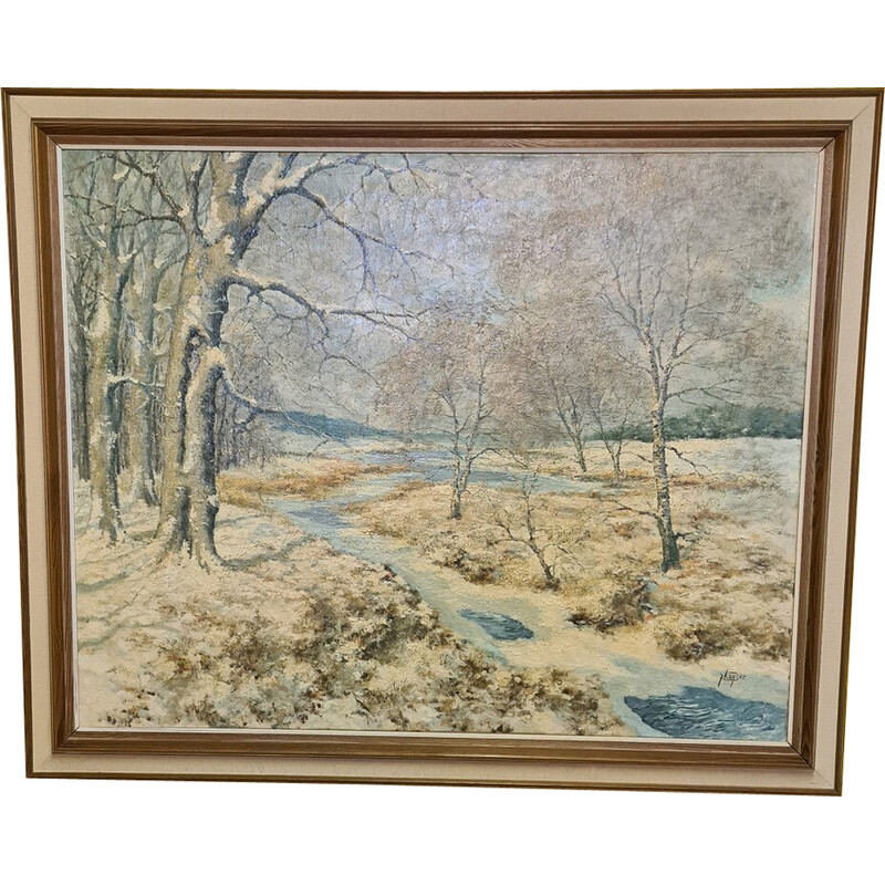 Peinture hollandaise vintage "Paysage d'hiver" par J. Kayser