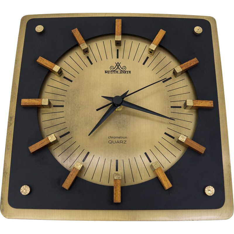 Reloj de pared de latón y madera de mediados de siglo de Meister Anker, Alemania años 60