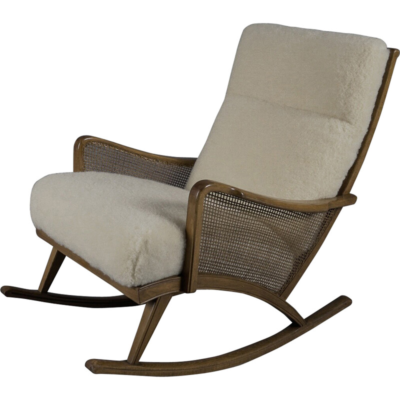 Vintage Cozy wooden rocking chair with sheepskin, 1950s