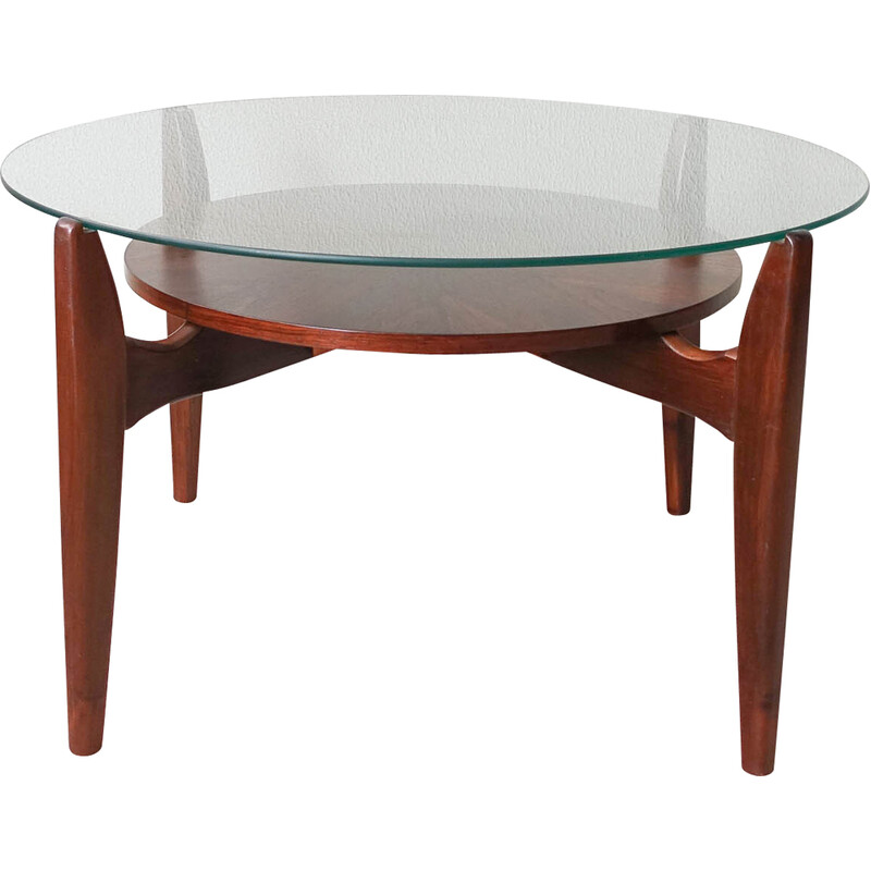 Round vintage coffee table in walnut and glass for Wilhelm Renz, Germany 1960s