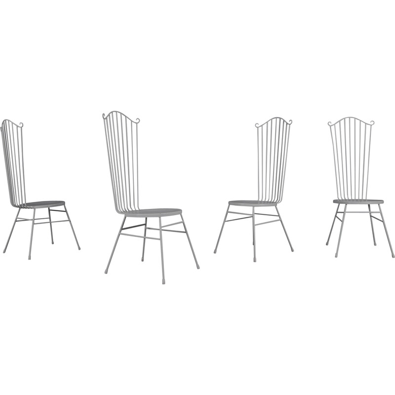 Conjunto de 4 cadeiras de metal vintage com costas altas, anos 1950