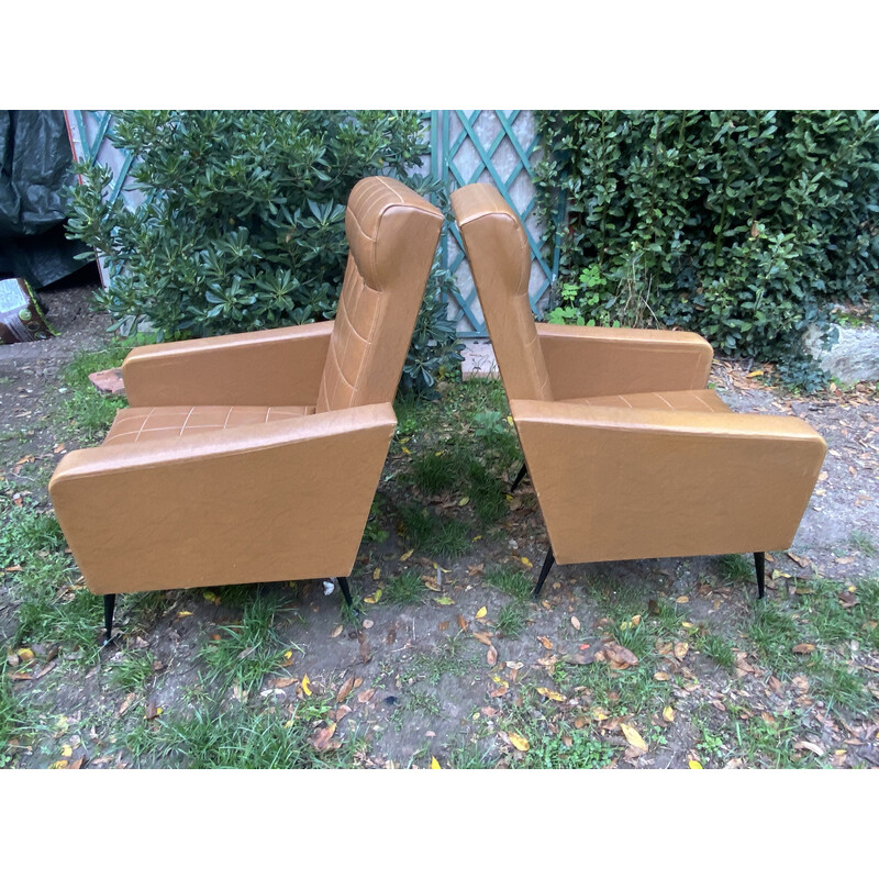 Pair of vintage brown skai armchairs, 1960s