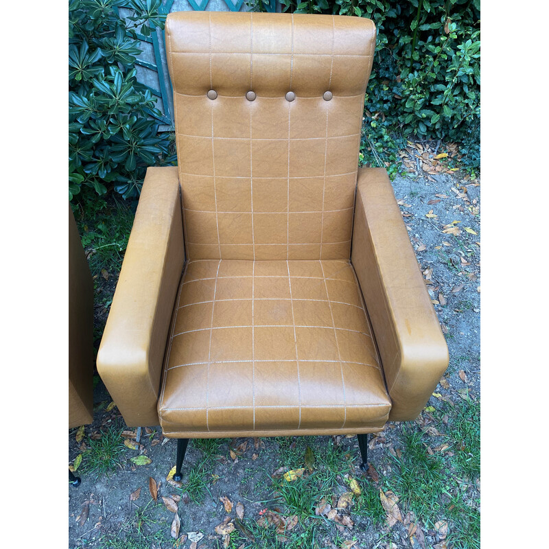 Pair of vintage brown skai armchairs, 1960s