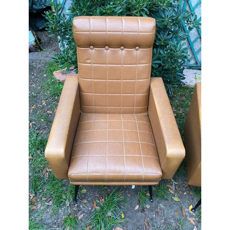 Pair of vintage brown skai armchairs, 1960s