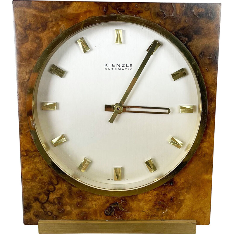 Vintage walnut and brass table clock for Kienzle, Germany 1960s