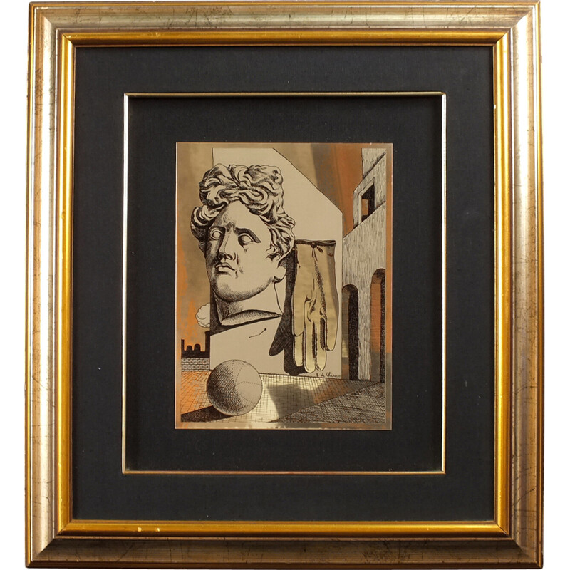 Vintage silkscreen "il canto d'amore" in metal and gilded wood by De Chirico Giorgio, 1980s