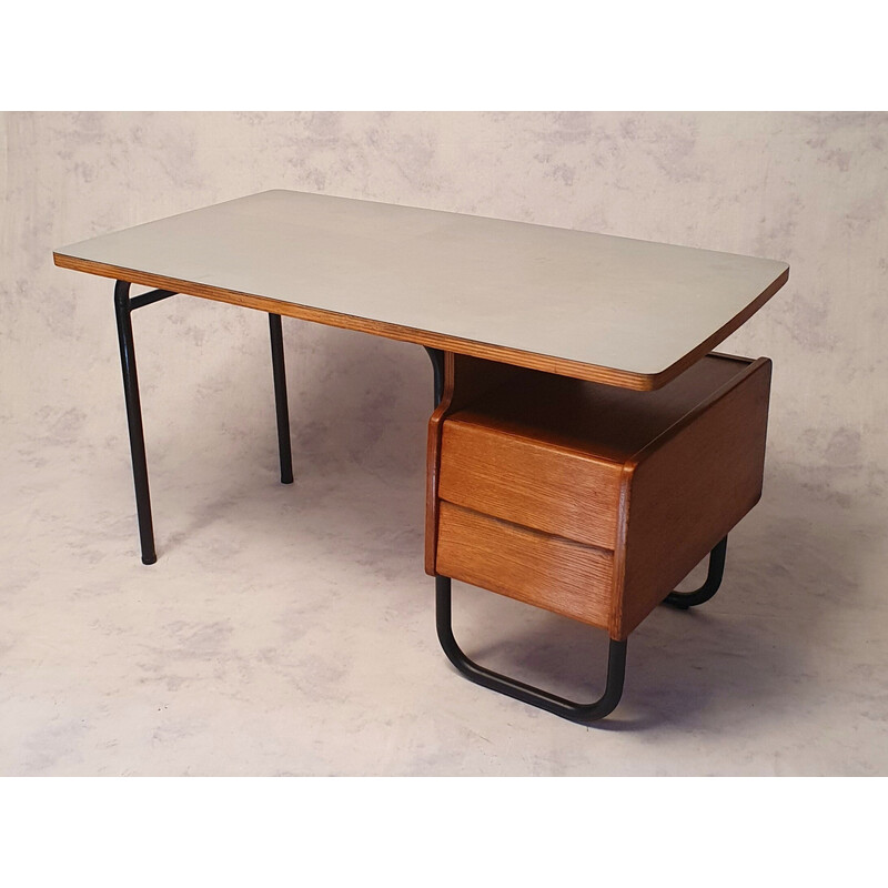 Vintage eikenhouten bureau van Robert Charroy voor Mobilor, 1955