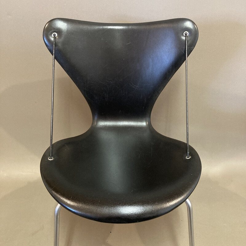 Set of 4 vintage leather and metal chairs by Arne Jacobsen for Fritz Hansen, 1960