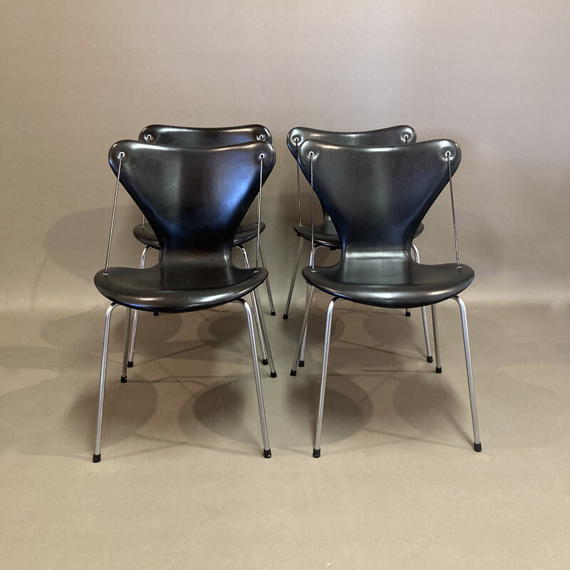 Set of 4 vintage leather and metal chairs by Arne Jacobsen for Fritz Hansen, 1960