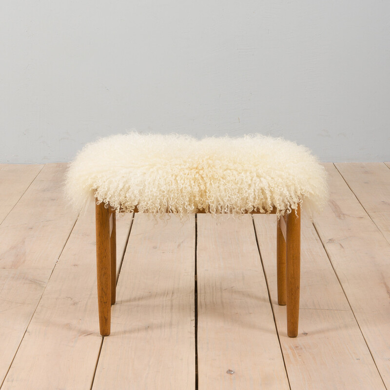 Danish mid century solid oakwood footrest with long sheepskin wool, 1970s