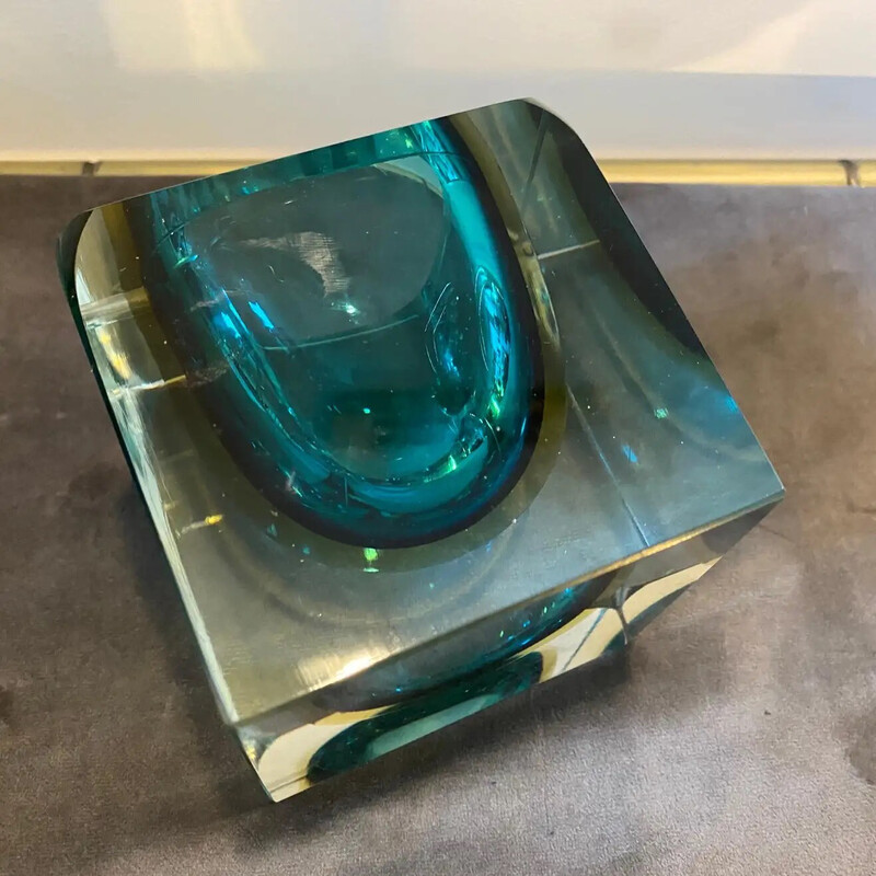 Vintage square Sommerso Murano glass ashtray by Mandruzzato, 1970s