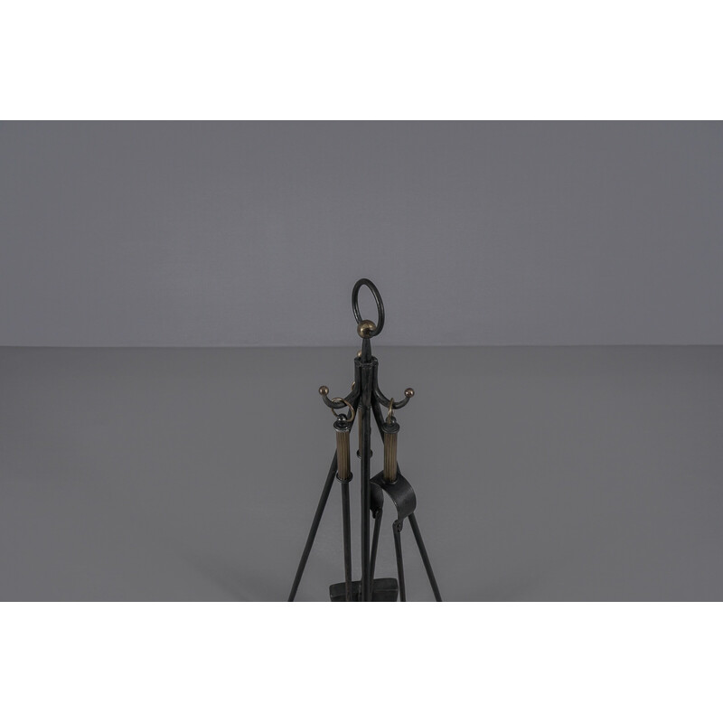 Vintage fand forged tripod iron and brass stand with fireplace tools, Austria 1950s