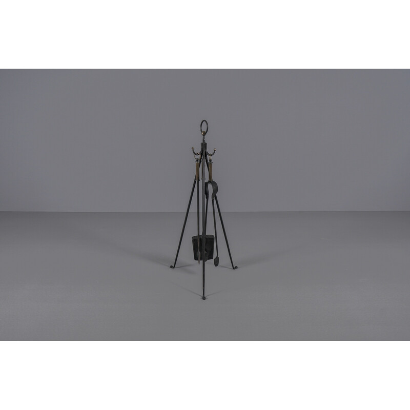 Vintage fand forged tripod iron and brass stand with fireplace tools, Austria 1950s