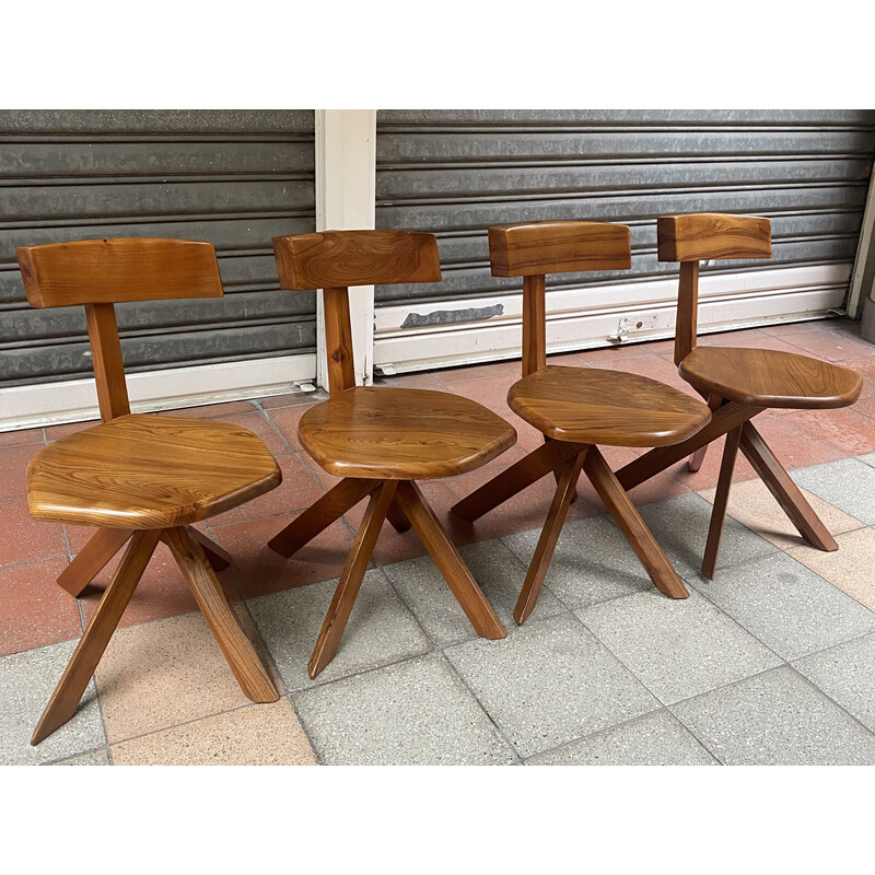 Set of 4 vintage S34A elmwood chairs by Pierre Chapo, 1970