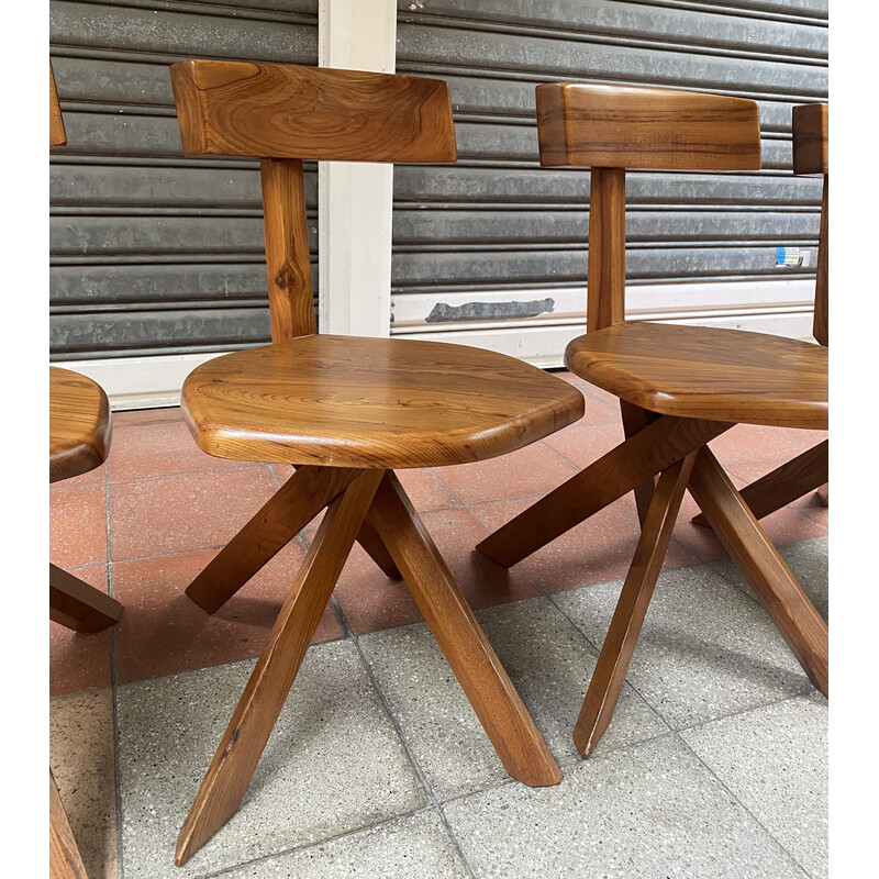 Set of 4 vintage S34A elmwood chairs by Pierre Chapo, 1970