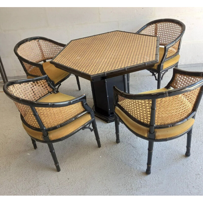 Vintage blackened wood and cane dining set, 1970