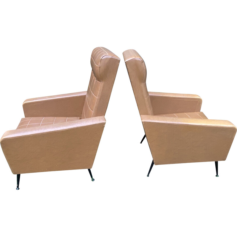 Pair of vintage brown skai armchairs, 1960s