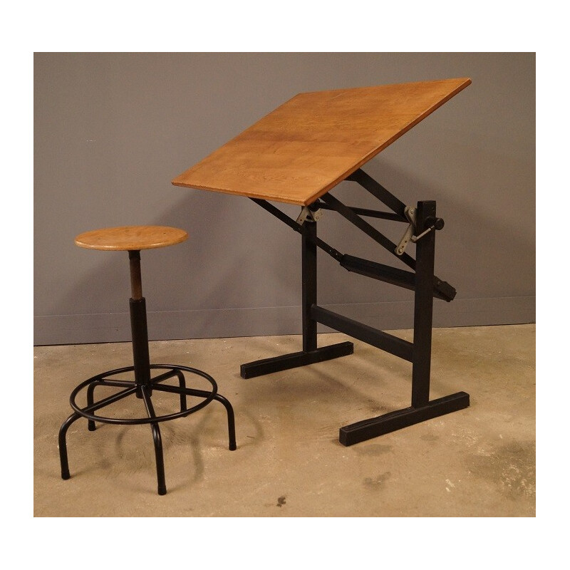 Drawing table and its vintage stool in steel and wood - 1960s 