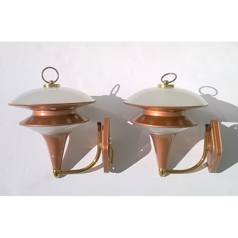 Paar koperen en glazen wandlampen - 1960
