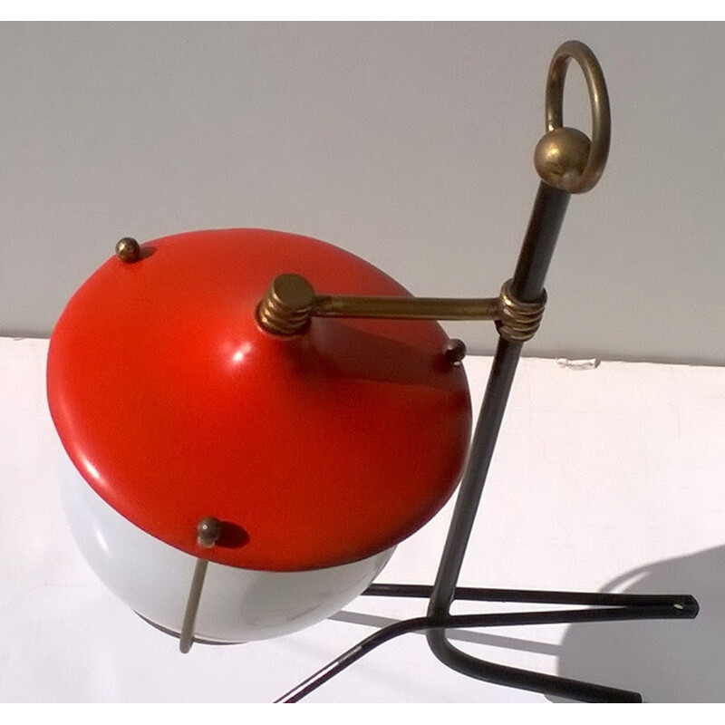 Vintage red table lamp with tripod base, 1950