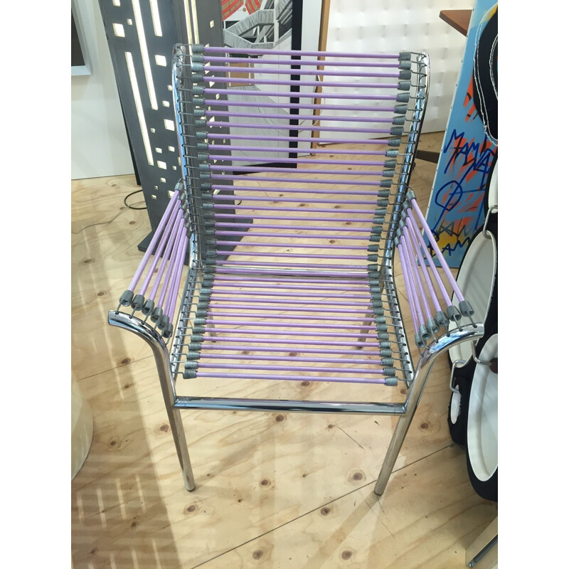 Ecart international "Sandows" purple chair in chromed metal, Rene HERBST - 1980s