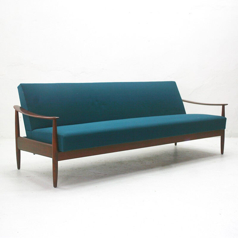 Sofa bed in walnut with original petrol blue cover - 1960s