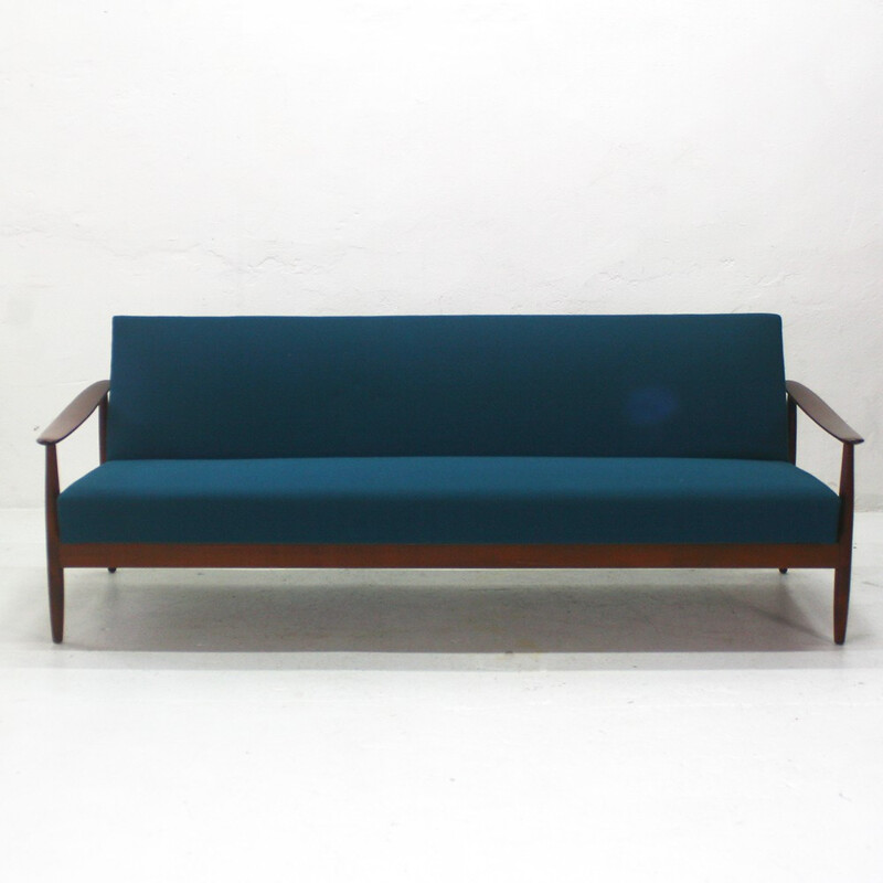 Sofa bed in walnut with original petrol blue cover - 1960s