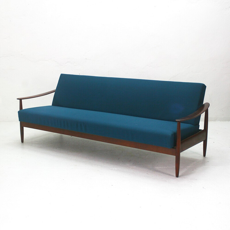 Sofa bed in walnut with original petrol blue cover - 1960s