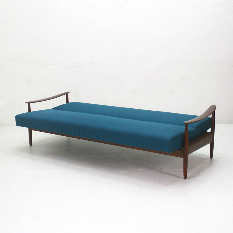 Sofa bed in walnut with original petrol blue cover - 1960s