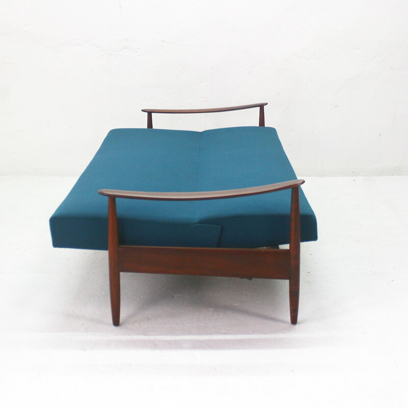 Sofa bed in walnut with original petrol blue cover - 1960s