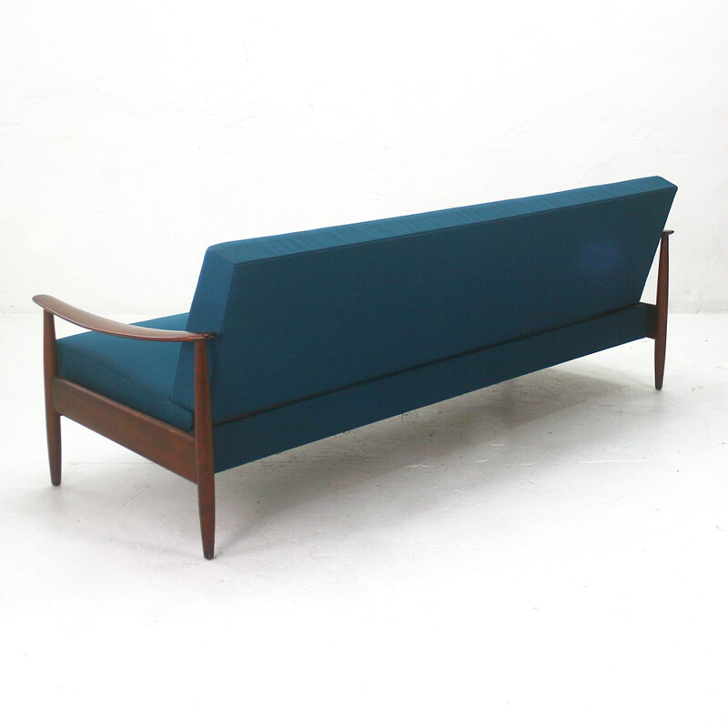 Sofa bed in walnut with original petrol blue cover - 1960s