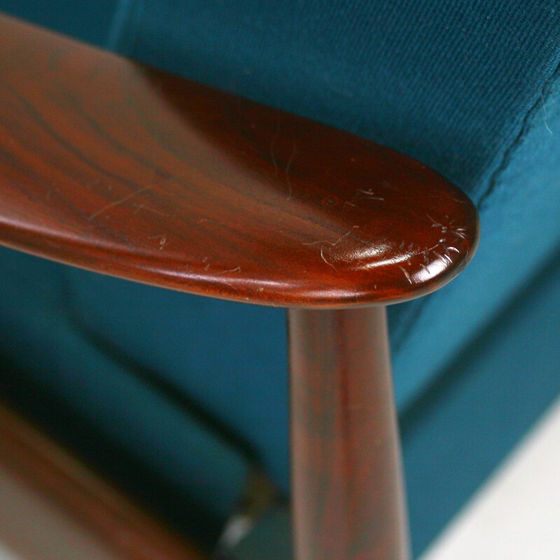 Sofa bed in walnut with original petrol blue cover - 1960s