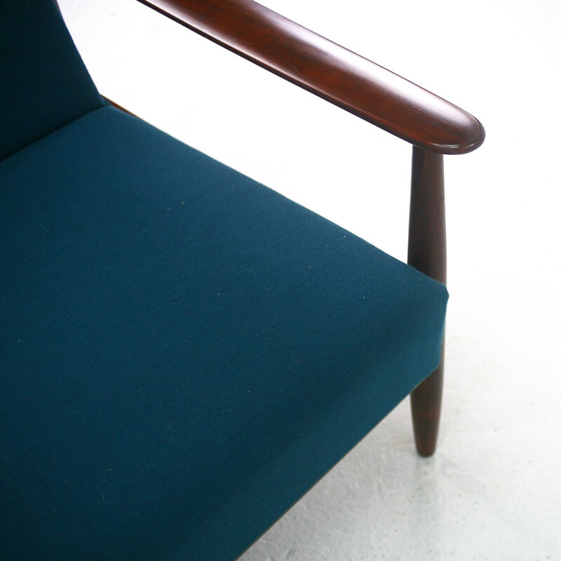Sofa bed in walnut with original petrol blue cover - 1960s