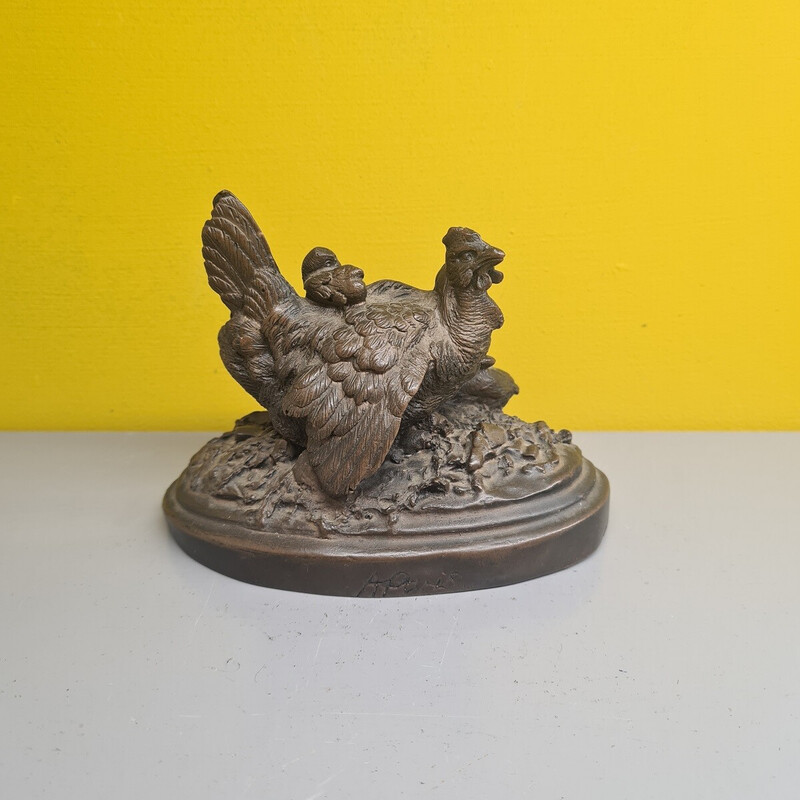 Vintage bronze figurine mother chicken with chicks, 1900s