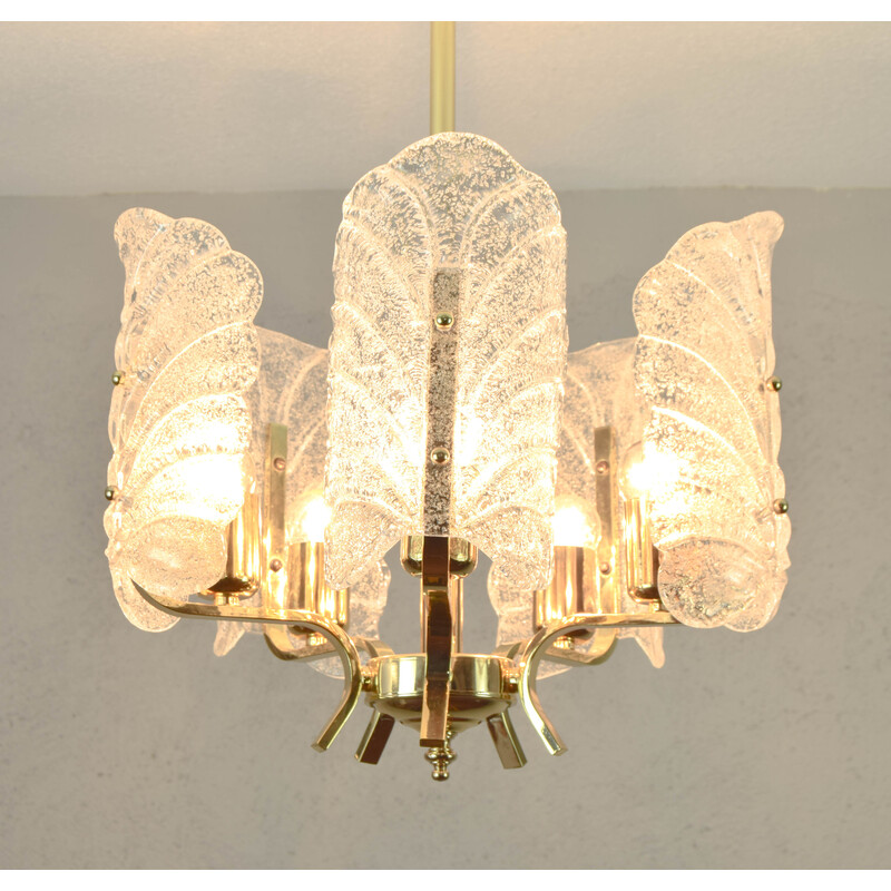 Vintage glass and golden steel chandelier by Carl Fagerlund for Orrefors, Sweden 1960