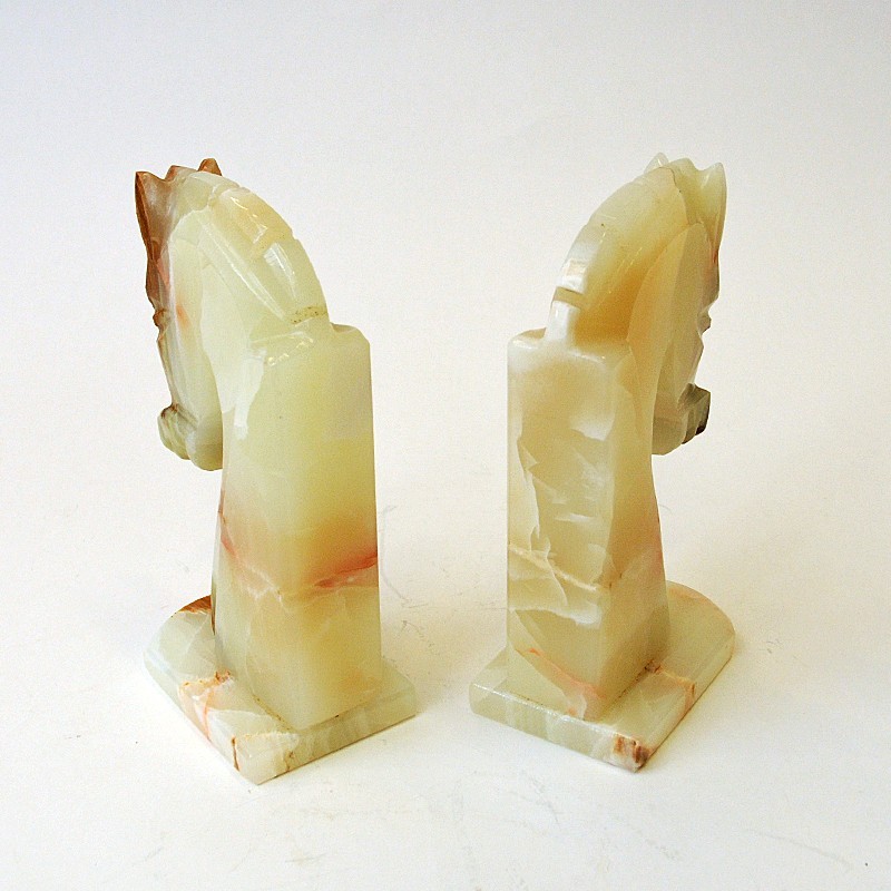 Pair of vintage handacarved onyx horseheads bookends, Italy 1970s